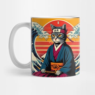 Vaporwave Samurai Cat Great Wave Off Kanagawa Mug